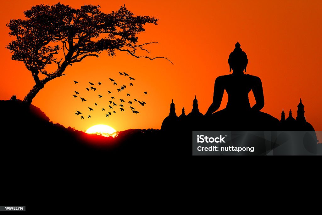 Sunset with Buddha tree bird and Pagoda 2015 Stock Photo