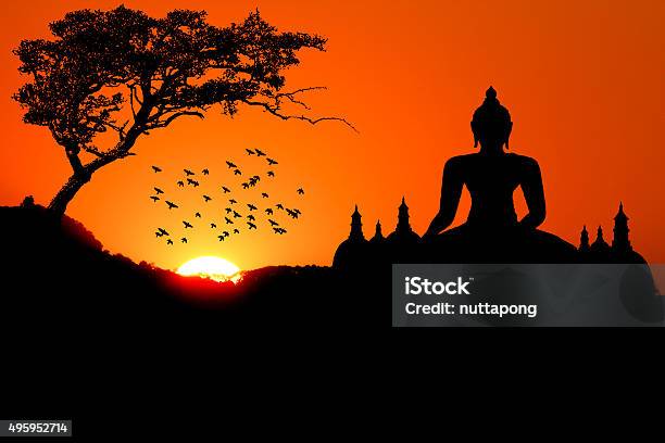 Sunset With Buddha Tree Bird And Pagoda Stock Photo - Download Image Now - 2015, Ancient, Asia