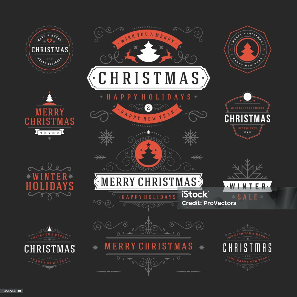 Christmas Labels and Badges Vector Design Decorations elements Christmas Labels and Badges Vector Design. Decorations elements, Symbols, Icons, Frames, Ornaments and Ribbons, set. Typographic Merry Christmas and Happy Holidays wishes. 2015 stock vector