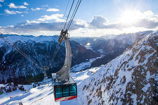 Cable cars at Dolomites of Colfosco near Val di Fassa, Trentino-Alto-Adige region, Italy.