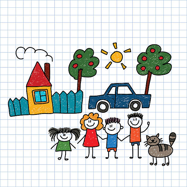 ilustrações de stock, clip art, desenhos animados e ícones de feliz família com casa e carro - drawing child childs drawing family