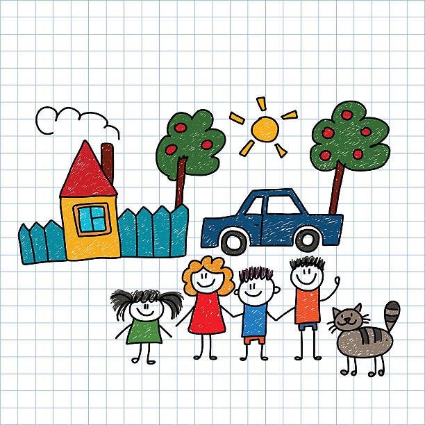 Happy family with house and car vector art illustration