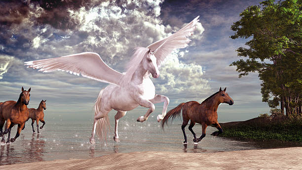 Pegasus and horses Pegasus and horses galloping across the lake pegasus stock pictures, royalty-free photos & images