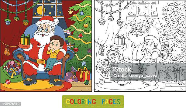 Coloring Book Santa Claus Gives A Gift A Little Boy Stock Illustration - Download Image Now