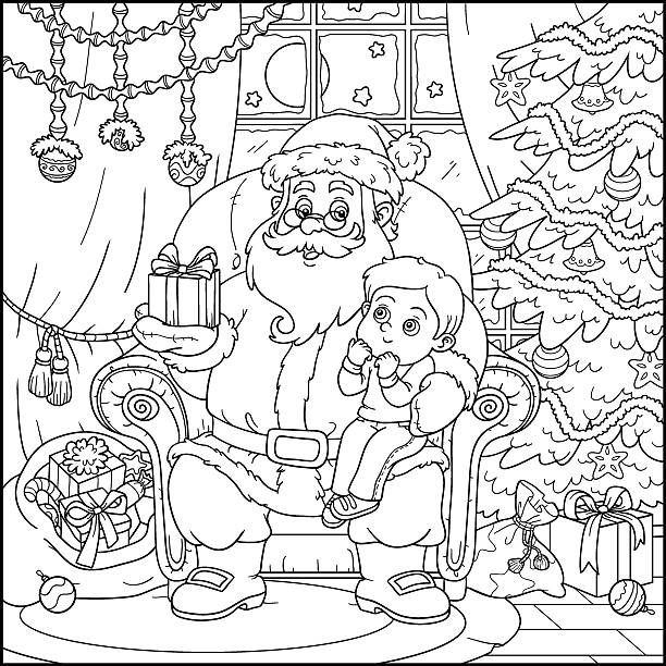 ilustraciones, imágenes clip art, dibujos animados e iconos de stock de libro para colorear: santa claus da un regalo de un niño pequeño - christmas tree family winter art