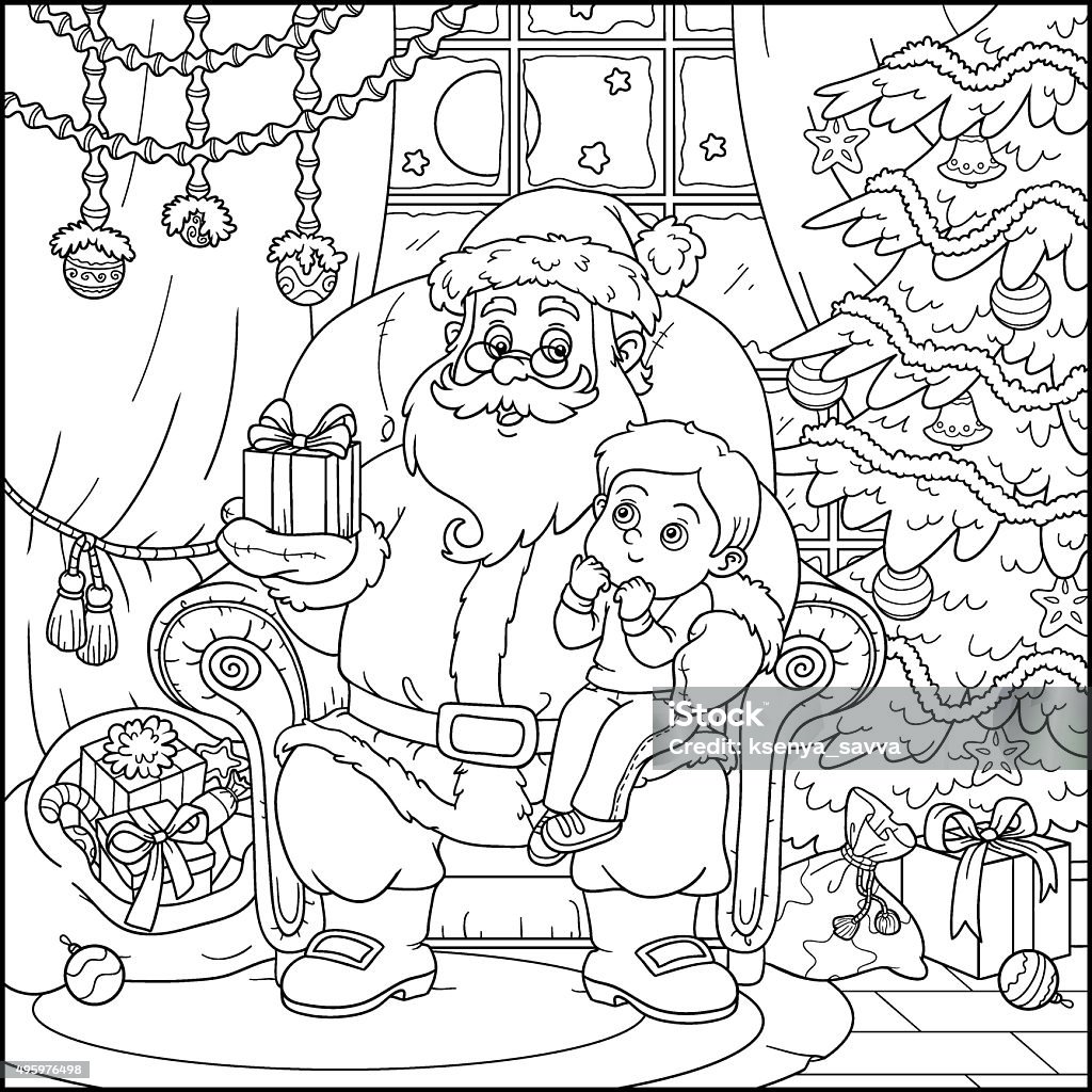 Coloring book: Santa Claus gives a gift a little boy Coloring book, game for children: Santa Claus gives a gift a little boy Christmas stock vector