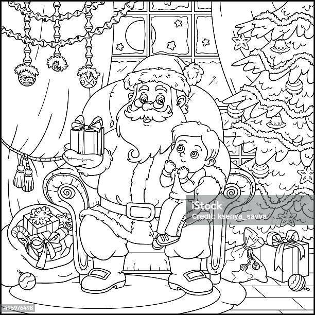Coloring Book Santa Claus Gives A Gift A Little Boy Stock Illustration - Download Image Now