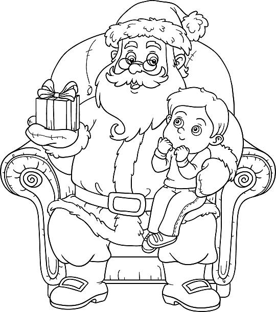 kolorowanka: santa claus daje prezent mały chłopiec - christmas tree family winter art stock illustrations