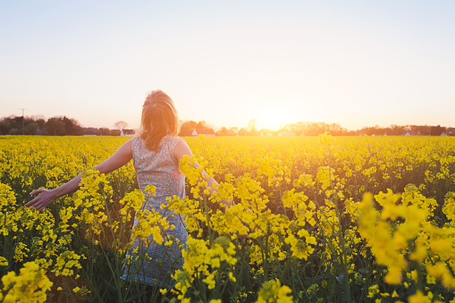 happy young woman enjoying summer in yellow field at sunset