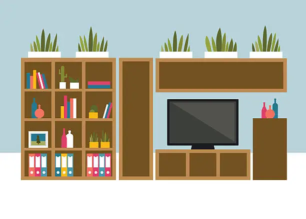 Vector illustration of Living room with TV and book shelves.