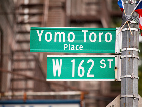 Bronx, New York - July, 25, 2013: Street sign erected for Yomo Toro on Ogden avenue. Yomo was famous for playing a small guitar like instrument called a cuatro.
