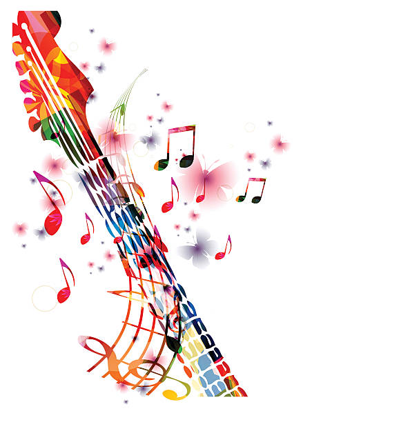 illustrazioni stock, clip art, cartoni animati e icone di tendenza di chitarra manico di chitarra con farfalle colorate - sheet music music musical note pattern