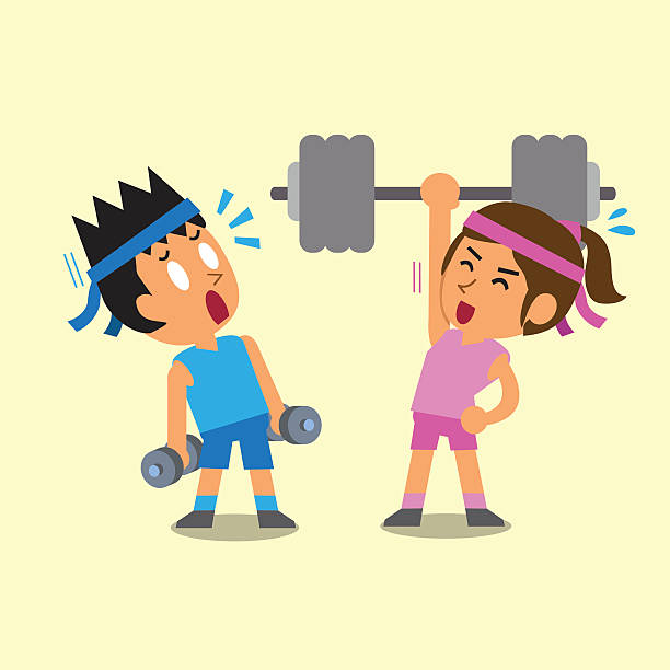 ilustraciones, imágenes clip art, dibujos animados e iconos de stock de hombre de historieta y mujer haciendo de entrenamiento con pesas - sport couple isolated muscular build