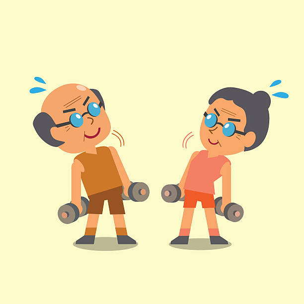 ilustraciones, imágenes clip art, dibujos animados e iconos de stock de hombre viejo de historieta y mujer haciendo ejercicios con pesas - sport couple isolated muscular build