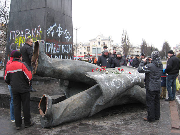 Chernihiv, Ukraine - February 23, 2014: thrown big bronze monument to Lenin the leader of world proletariat in Chernihiv