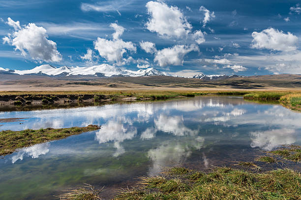 Beautiful landscape with snowy mountains, river  and blue sky Beautiful mountain landscape with river and clouds. Plateau Ukok, Altai independent mongolia photos stock pictures, royalty-free photos & images