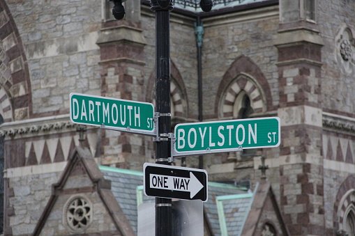 Boston street signs , Boylston and Dartmouth with Boylston being the finish of the Boston Marathon