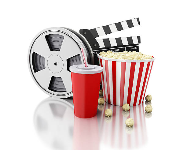 istock 3d Cinema clapper, Film reel, popcorn and drink. 496032526