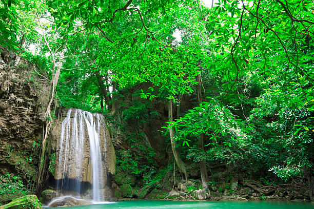 waterfall in green forest Erawan waterfall in green forest, Kanchanaburi, Thailand kanchanaburi province stock pictures, royalty-free photos & images