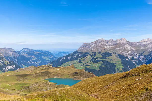 Panorama view of the Truebsee lake and the swiss Alps in central Switzerland, canton of Nidwalden.