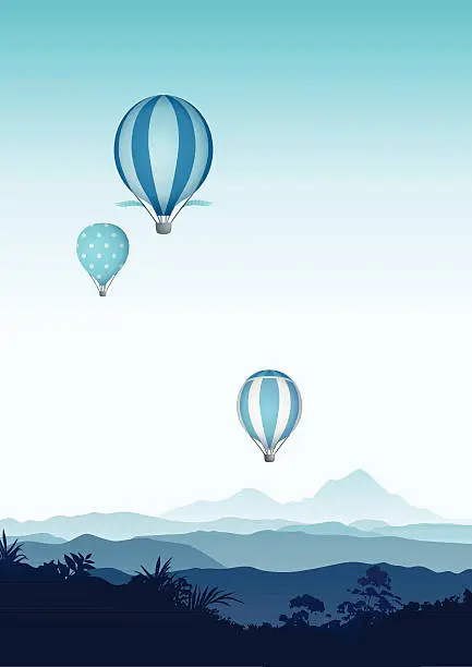 Vector illustration of Hot air balloons - blue mountains