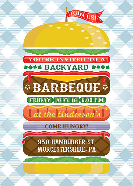 stos hamburger bbq zaproszenie - grilled tablecloth kitchen utensil summer stock illustrations