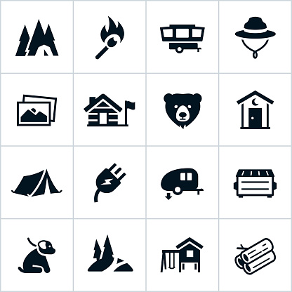 Icons related to campgrounds and campsites.