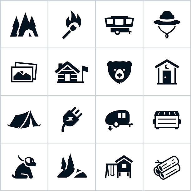 Black Campground Icons Icons related to campgrounds and campsites. Outhouse stock illustrations