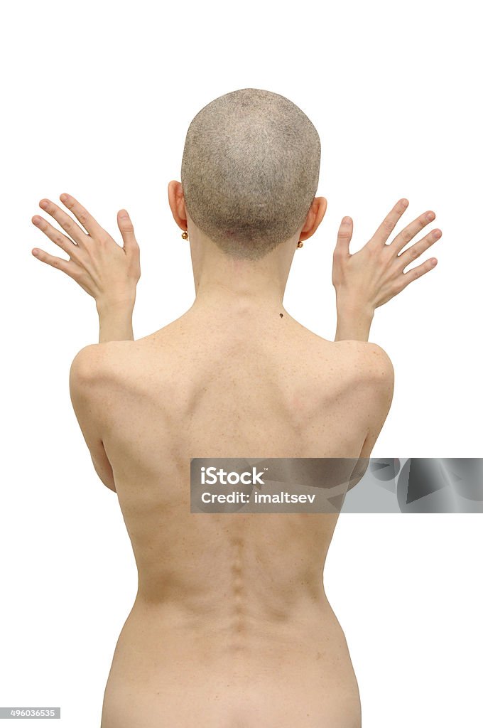 Bald woman back Naked woman standing with palms on the wall. Back view, isolated on white. Rear View Stock Photo