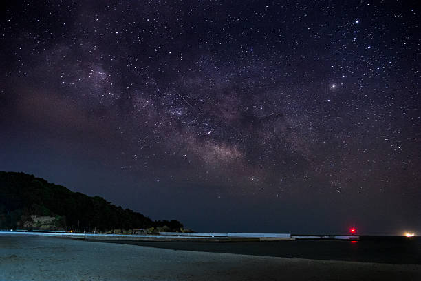 Milky way above ocean in Japan, at white sand beach, with shooting star in the middle.