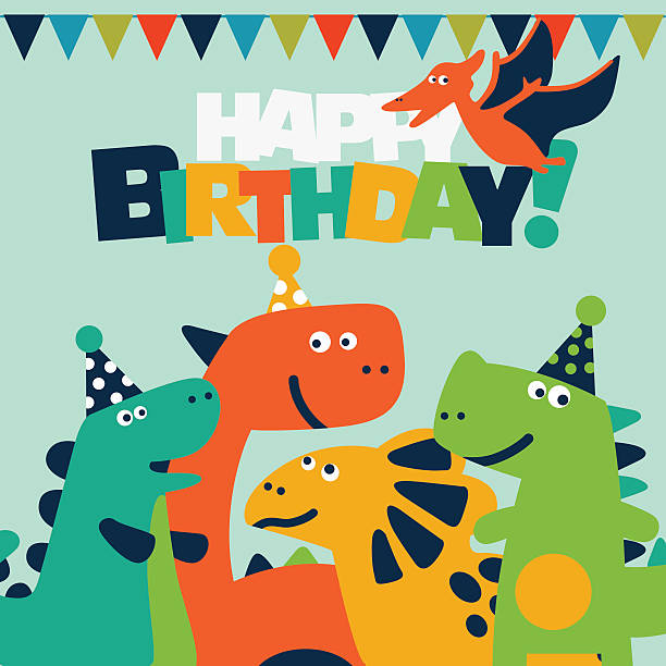 ilustrações de stock, clip art, desenhos animados e ícones de feliz aniversário, cartão de vetor com divertido lindo dinosaurs - baby congratulating toy birthday