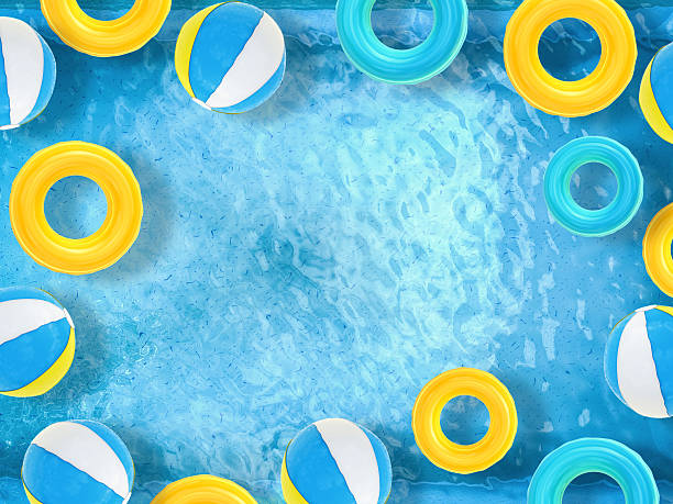 vista superior da piscina de natação com anéis e bola de praia - swimming pool party summer beach ball imagens e fotografias de stock