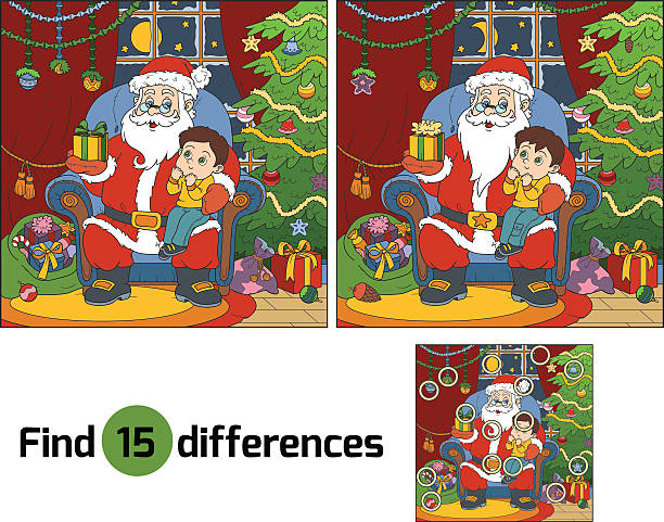 ilustraciones, imágenes clip art, dibujos animados e iconos de stock de encuentra las diferencias: santa claus da un regalo de un niño pequeño - child discovery surprise playing