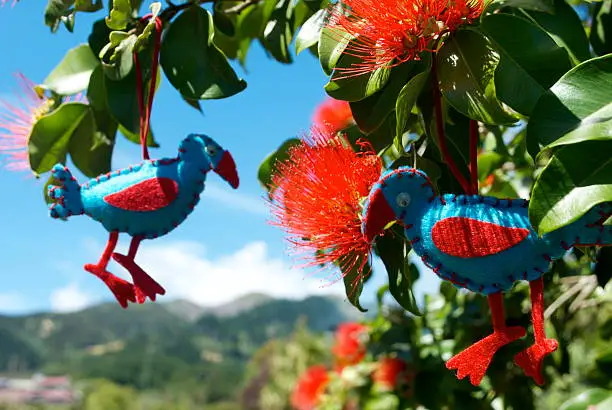 Photo of Kiwiana Christmas, A Pukeko Decoration in Pohutkawa Flowers