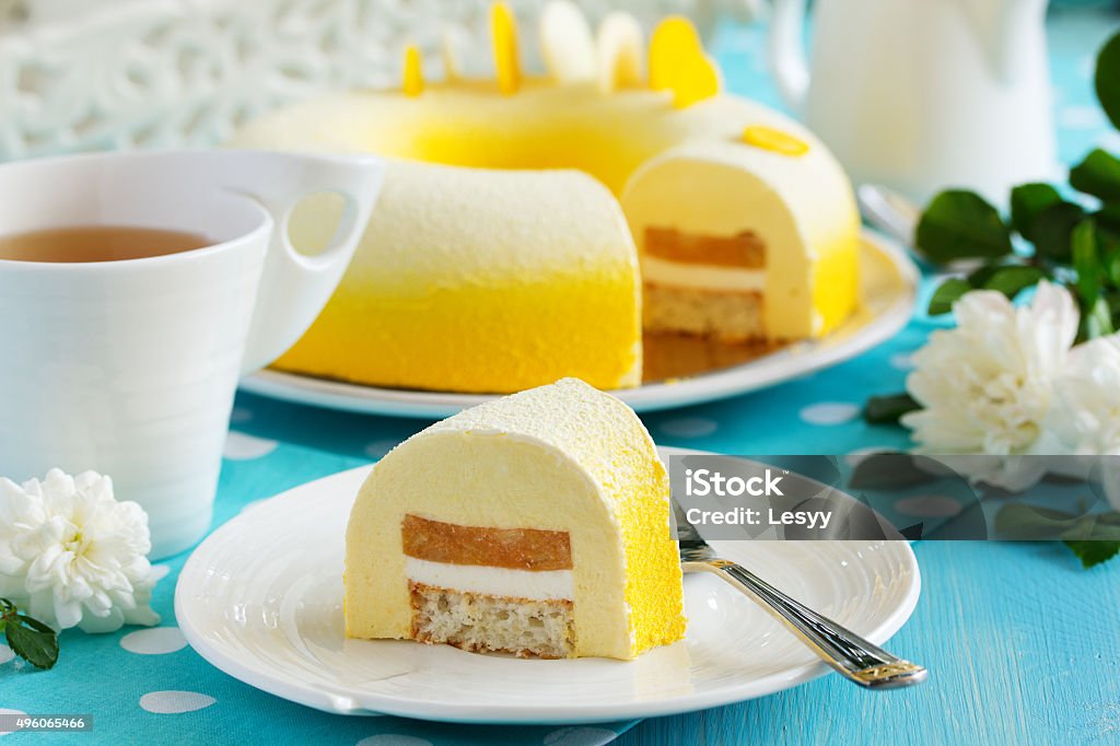 Elegant Cake "Exotic" with coconut, passion fruit, mangoes and bananas, Elegant Cake "Exotic" with coconut, passion fruit, mangoes and bananas, covered with chocolate velor.Elegant Cake "Exotic" with coconut, passion fruit, mangoes and bananas, covered with chocolate velor. Dessert - Sweet Food Stock Photo