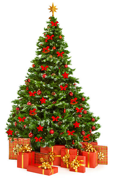 istock Christmas Tree Presents Gifts, Decorated Xmas Tree, White 496069282