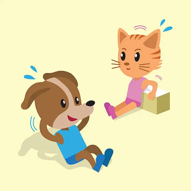 Vector illustration of Cartoon a cat and a dog doing exercise