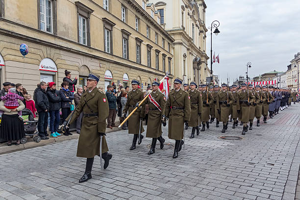 Warsaw, Poland - November 11, 2014:Celebration of the anniversary of the Polish Independence Day, Soldiers of the Polish Army in green uniforms in the street parade, Warsaw, Poland 