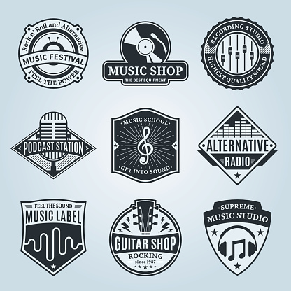 Set of vector music labels. Music studio, festival, radio, school and shop labels with sample text. Music icons for audio store, recording studio label, podcast and radio station, branding and identity.