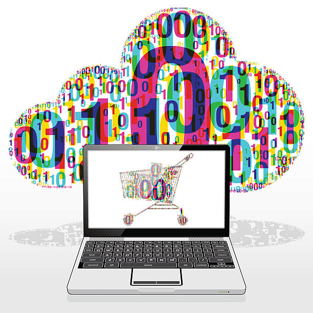 danych chmura łączyć za pomocą laptopa, zakupy koszyka - data mobility downloading digital tablet stock illustrations