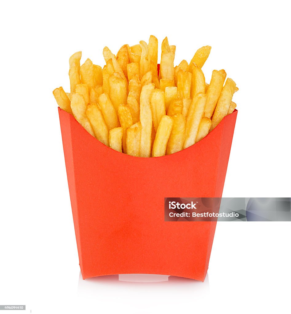 Potatoes fries in a red carton box isolated. Fast Food. - Royalty-free Patat Stockfoto