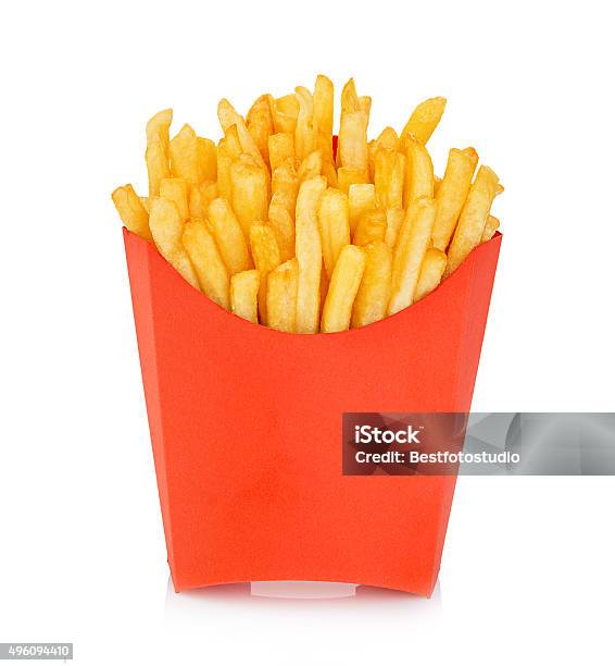 Potatoes Fries In A Red Carton Box Isolated Fast Food Stockfoto en meer beelden van Patat