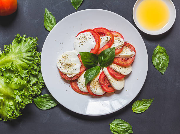 istock Caprese salad with mozzarella, tomato, basil on white plate. 496094474