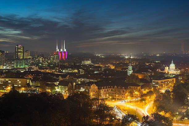 Hannover, Germany - November 03, 2015: Aerial view of Hannover from observation platform of new city hall at foggy autumn evening.