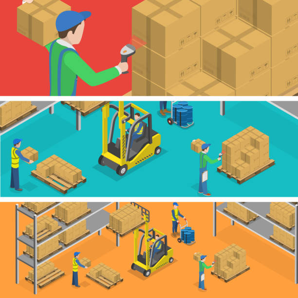 ilustrações, clipart, desenhos animados e ícones de armazém isometric tv ilustração vetorial. - distribution warehouse men three dimensional shape delivering