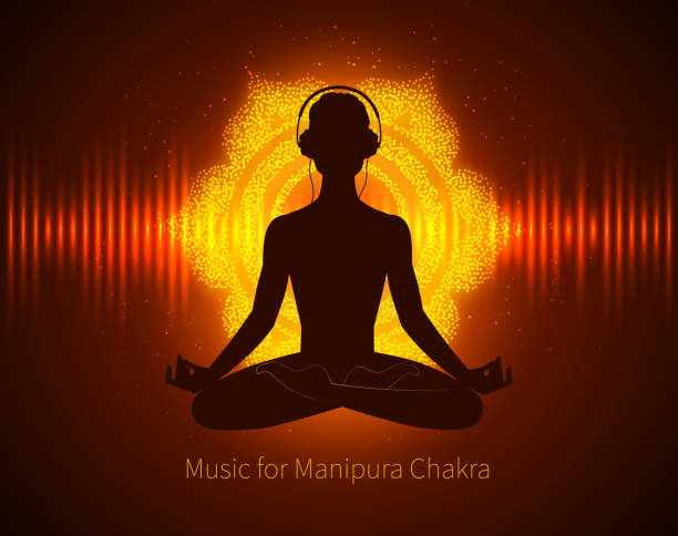 mann silhouette meditieren, hören von musik mit kopfhörer auf b - zen grafiken stock-grafiken, -clipart, -cartoons und -symbole