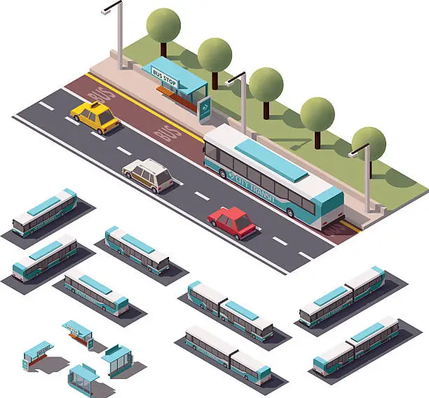 Vector illustration of Vector isometric buses set