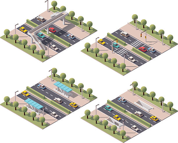 Vector isometric pedestrian crossings set Set of the isometric crosswalk types footbridge stock illustrations