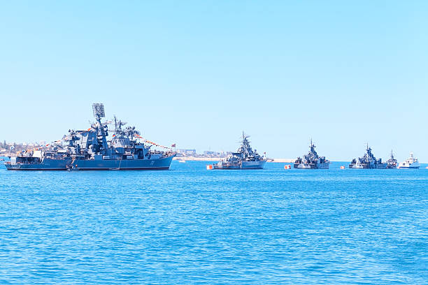 Sevastopol, Crimea - May 7, 2014: Ships of Russian Navy Black Sea Fleet prepare for a Victory Day parade in Sevastopol with \