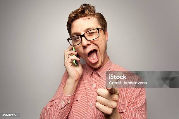 Nerd On The Phone Stock Photo - Download Image Now - Humor, Smart Phone, Men